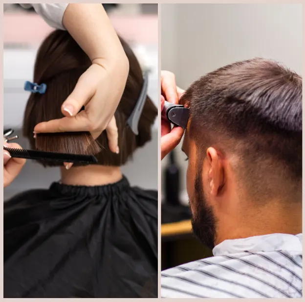 Two images showing a man receiving a haircut at Melody Salon, one with a woman stylist and the other with a male stylist.